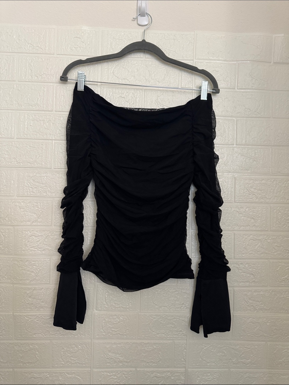 Amazon- Omkagi  Black Off-The-Shoulder Ruched Long Sleeve Blouse